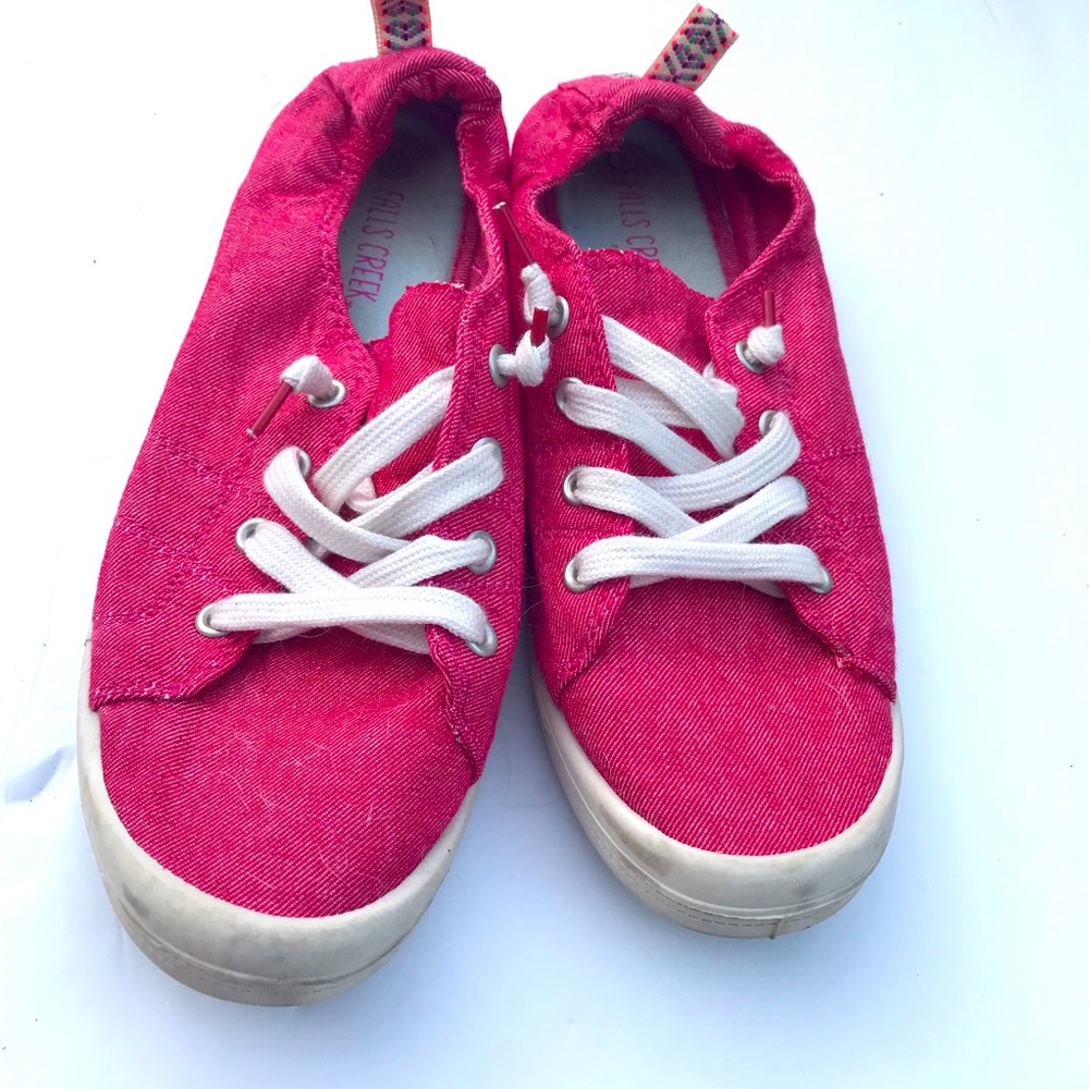 Saturated Pink Comfy Sneakers with hearts and crossbones ribbon trim
